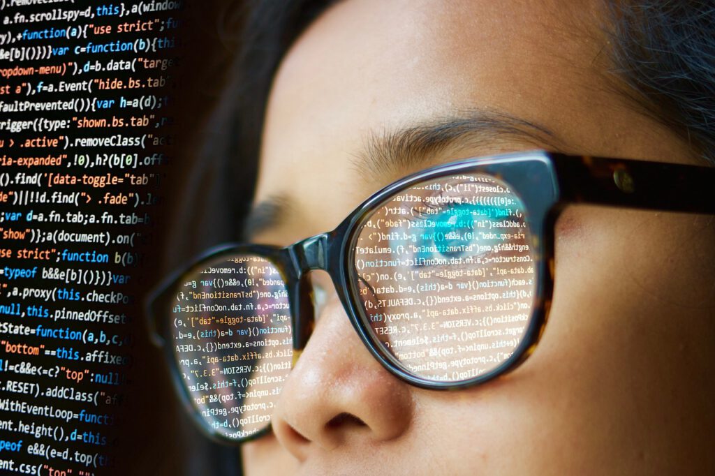 woman, programming, glasses, analyse, daten, schlussfolgerung
